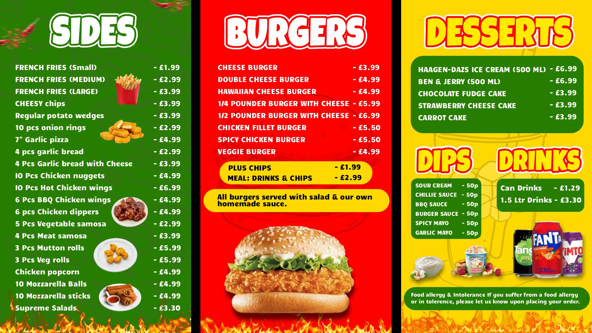 Burgers and sides menu